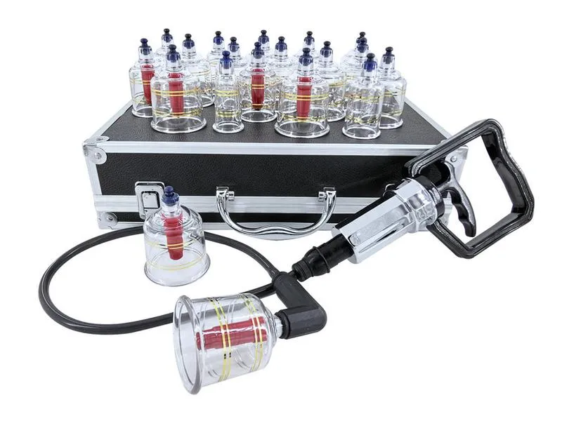 Diverse Schröpfglas Set, 19-teilig, mit Handpumpe und Alu Koffer