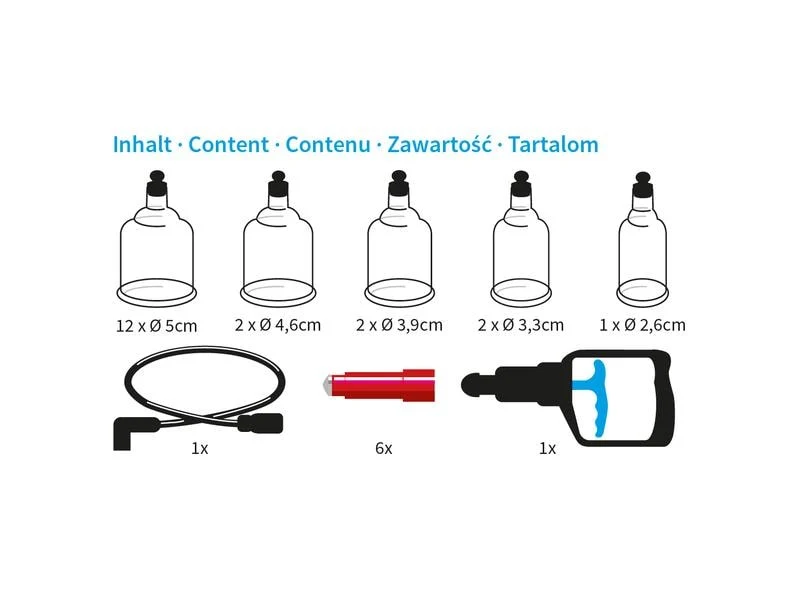 Diverse Schröpfglas Set, 19-teilig, mit Handpumpe und Alu Koffer