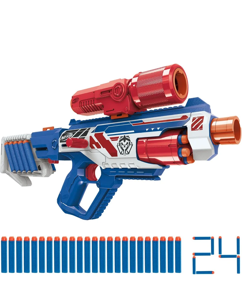 Nerf Rebel Ops Operation Vanguard Strikepoint Blaster 24 Nerf Foam Darts, Shieldstock & Scope-Barrel Attachments, Kids Gift Toys, Ages 8+