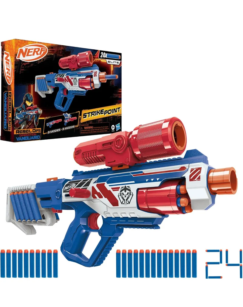 Nerf Rebel Ops Operation Vanguard Strikepoint Blaster 24 Nerf Foam Darts, Shieldstock & Scope-Barrel Attachments, Kids Gift Toys, Ages 8+