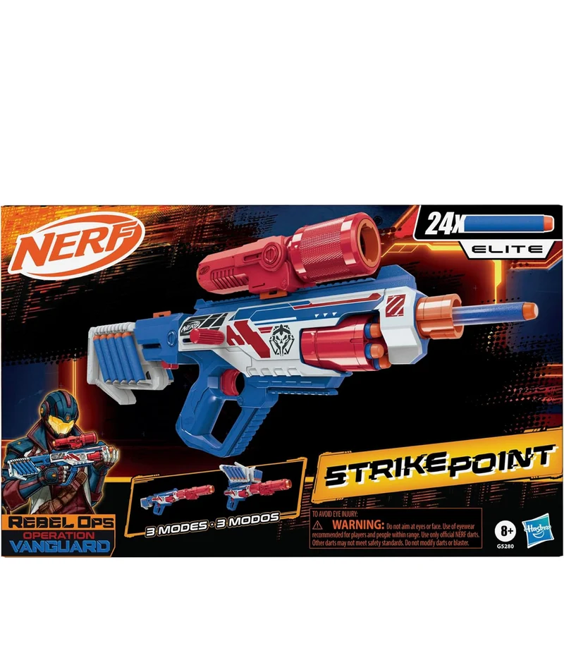 Nerf Rebel Ops Operation Vanguard Strikepoint Blaster 24 Nerf Foam Darts, Shieldstock & Scope-Barrel Attachments, Kids Gift Toys, Ages 8+