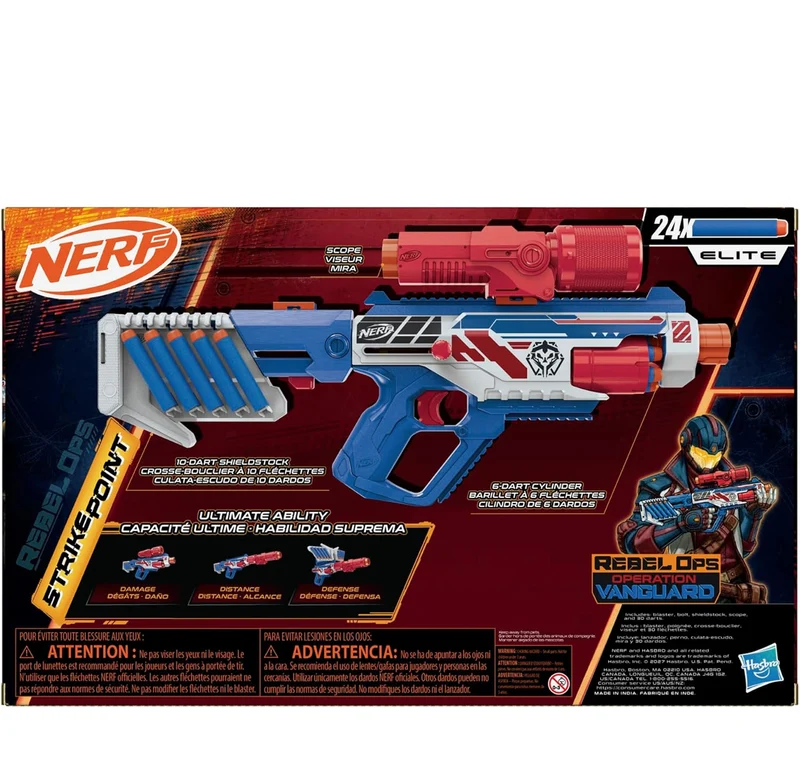 Nerf Rebel Ops Operation Vanguard Strikepoint Blaster 24 Nerf Foam Darts, Shieldstock & Scope-Barrel Attachments, Kids Gift Toys, Ages 8+