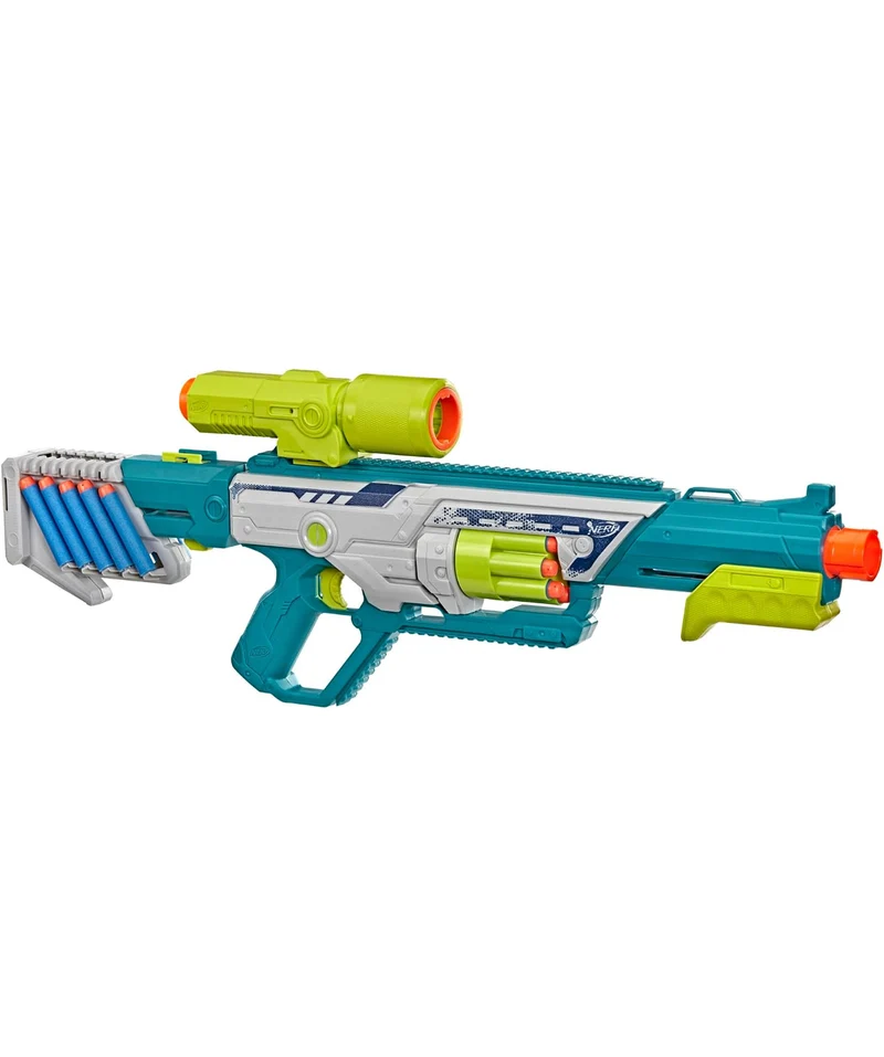 Nerf Rebel Ops Deadeye Blaster, 24 Nerf Elite Foam Darts, Shieldstock & Scope-Barrel Attachments, Kids Gift Toys, Ages 8+