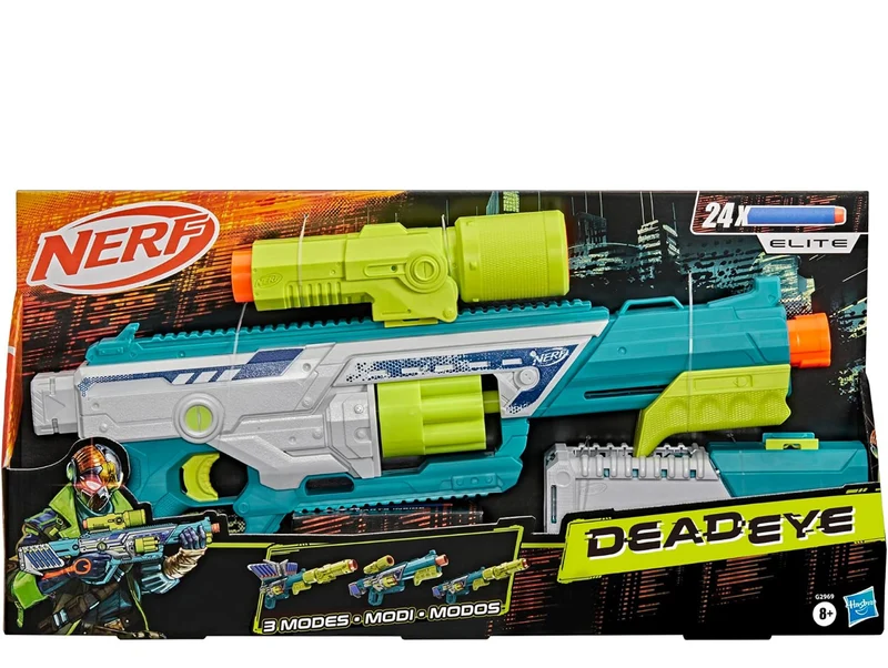 Nerf Rebel Ops Deadeye Blaster, 24 Nerf Elite Foam Darts, Shieldstock & Scope-Barrel Attachments, Kids Gift Toys, Ages 8+