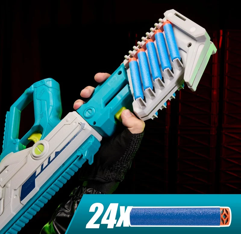 Nerf Rebel Ops Deadeye Blaster, 24 Nerf Elite Foam Darts, Shieldstock & Scope-Barrel Attachments, Kids Gift Toys, Ages 8+