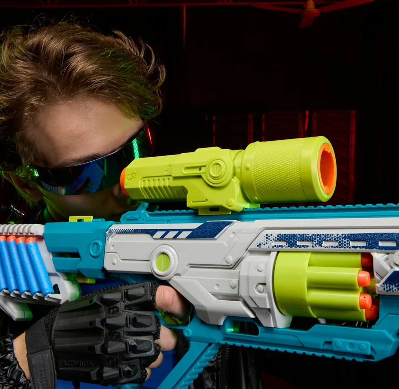 Nerf Rebel Ops Deadeye Blaster, 24 Nerf Elite Foam Darts, Shieldstock & Scope-Barrel Attachments, Kids Gift Toys, Ages 8+