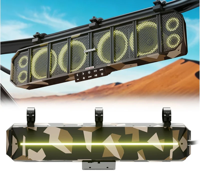 25" UTV Sound Bar, 8 Speaker ATV Sound Bar for 1.5"- 2.25" Roll Cage 600W 8-speaker system with RGB lights, FM radio, for off-road, marine and golf carts. Fits 1.5"-2.25" roll bars.