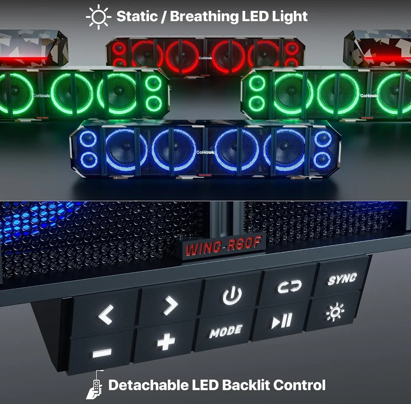 25" UTV Sound Bar, 8 Speaker ATV Sound Bar for 1.5"- 2.25" Roll Cage 600W 8-speaker system with RGB lights, FM radio, for off-road, marine and golf carts. Fits 1.5"-2.25" roll bars.