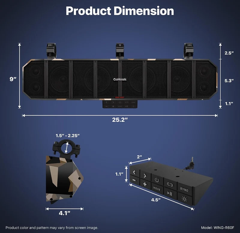 25" UTV Sound Bar, 8 Speaker ATV Sound Bar for 1.5"- 2.25" Roll Cage 600W 8-speaker system with RGB lights, FM radio, for off-road, marine and golf carts. Fits 1.5"-2.25" roll bars.