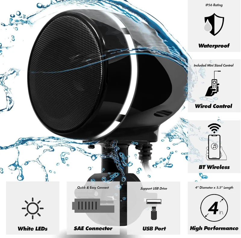 Motorcycle Bluetooth Speakers 4 Inch Motorcycle Radio with LED Ring Waterproof 300W Speakers, Built-in Amplifier, USB/AUX,Wired Control, Great for Harley, ATV, scooters 4-Wheeler