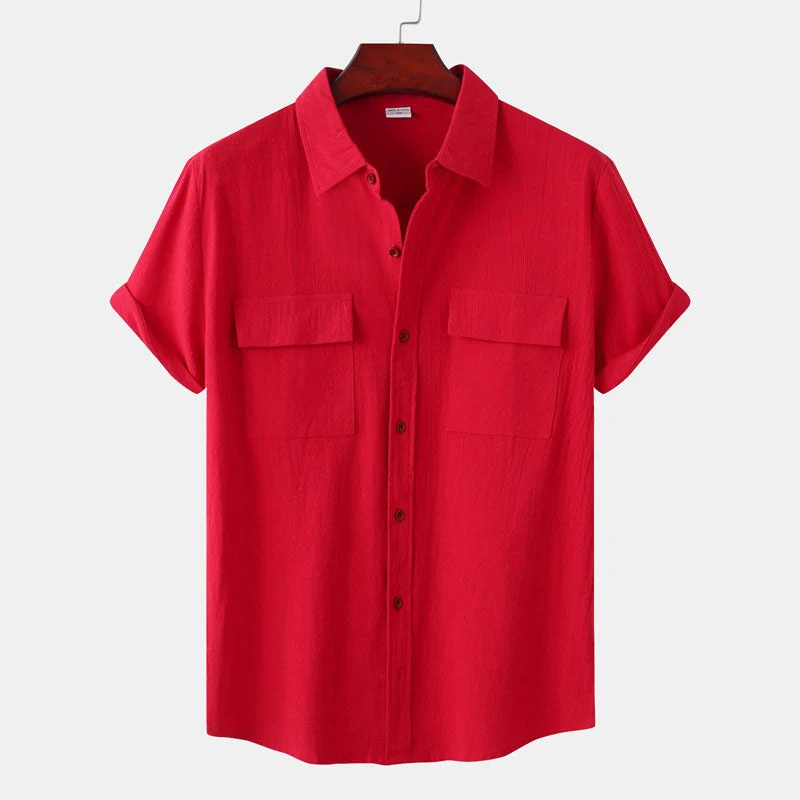 Chemise en coton et lin à Double poche pour homme