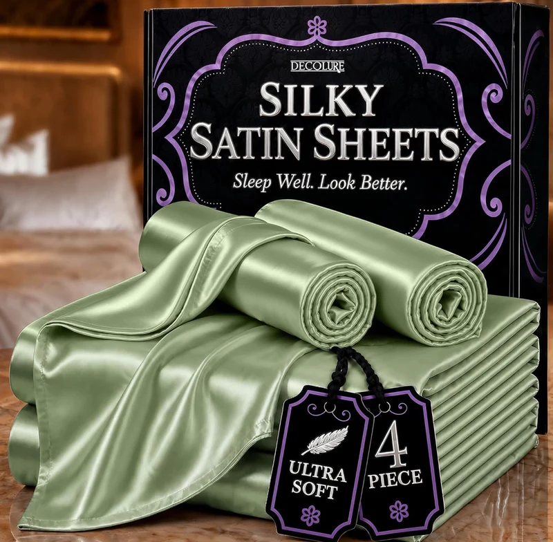 Satin Bed Sheets - 4 PCS Luxury Silky Queen Size Bedding Set - Softer Than Silk, Wrinkle-Free with 15” Deep Pocket Fitted Sheet - (Sage Green)