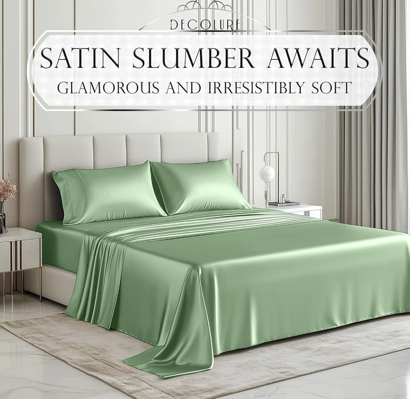 Satin Bed Sheets - 4 PCS Luxury Silky Queen Size Bedding Set - Softer Than Silk, Wrinkle-Free with 15” Deep Pocket Fitted Sheet - (Sage Green)