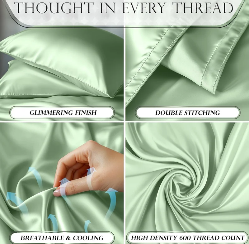 Satin Bed Sheets - 4 PCS Luxury Silky Queen Size Bedding Set - Softer Than Silk, Wrinkle-Free with 15” Deep Pocket Fitted Sheet - (Sage Green)