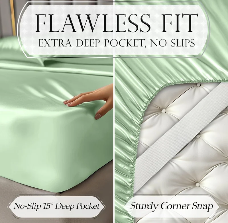 Satin Bed Sheets - 4 PCS Luxury Silky Queen Size Bedding Set - Softer Than Silk, Wrinkle-Free with 15” Deep Pocket Fitted Sheet - (Sage Green)