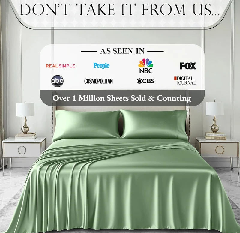 Satin Bed Sheets - 4 PCS Luxury Silky Queen Size Bedding Set - Softer Than Silk, Wrinkle-Free with 15” Deep Pocket Fitted Sheet - (Sage Green)
