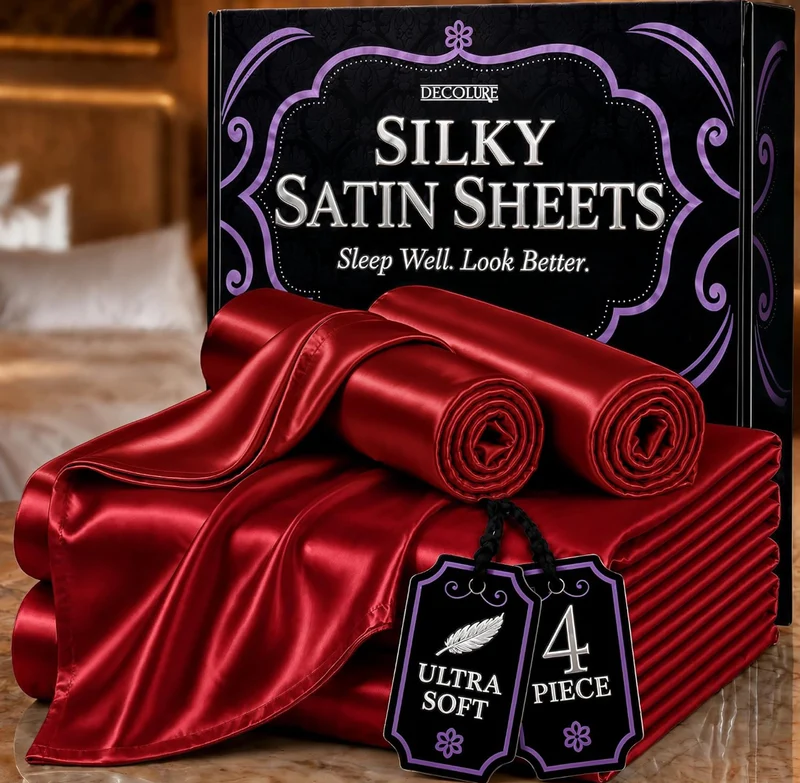 Satin Bed Sheets - 4 PCS Luxury Silky Queen Size Bedding Set - Softer Than Silk, Wrinkle-Free with 15” Deep Pocket Fitted Sheet - (Red)