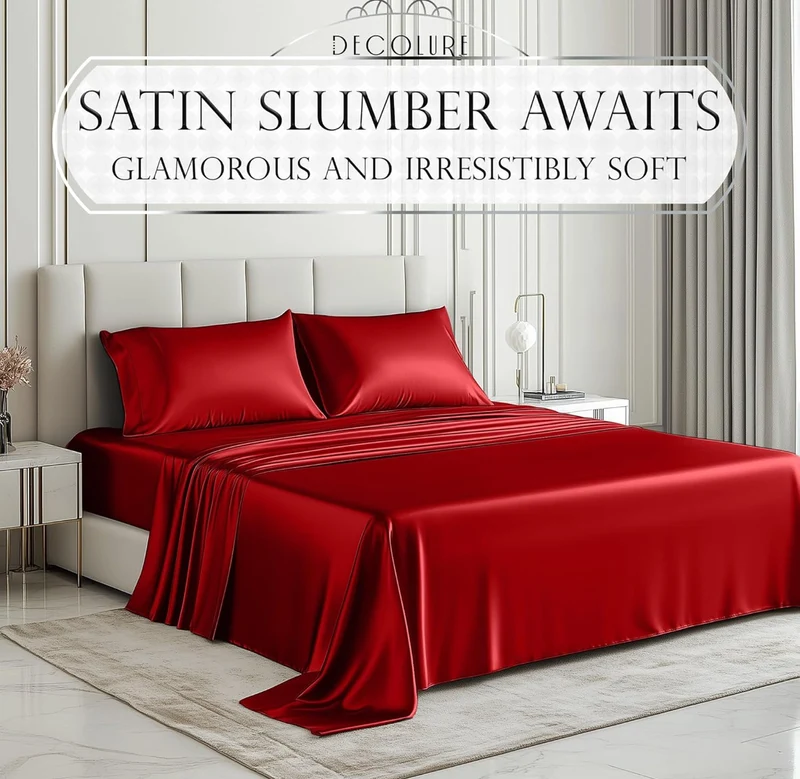 Satin Bed Sheets - 4 PCS Luxury Silky Queen Size Bedding Set - Softer Than Silk, Wrinkle-Free with 15” Deep Pocket Fitted Sheet - (Red)