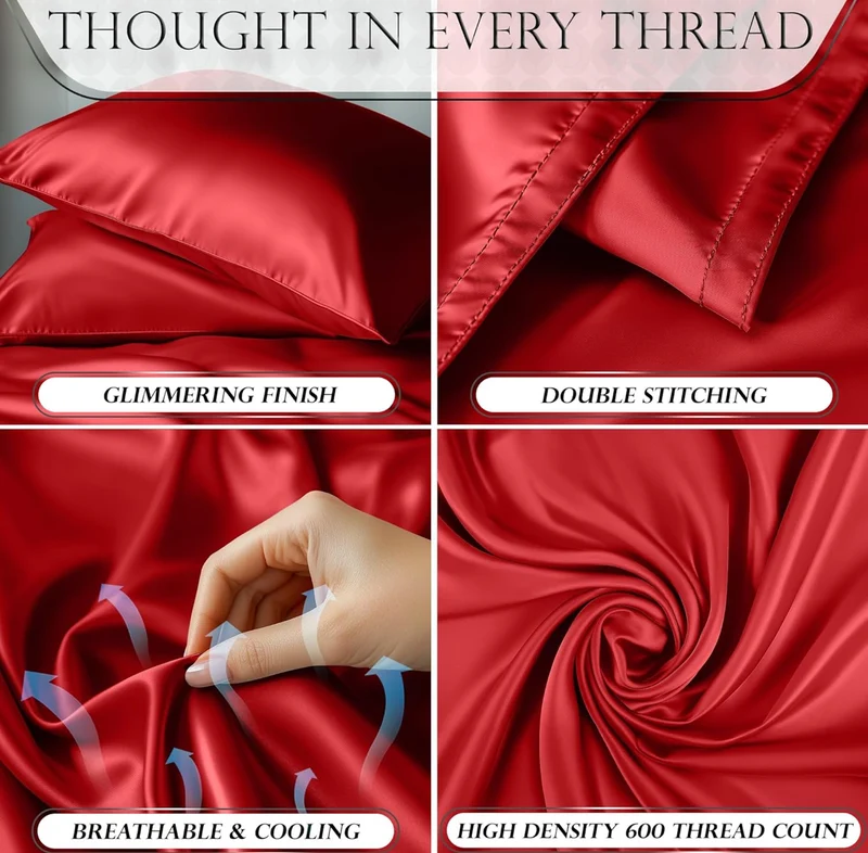 Satin Bed Sheets - 4 PCS Luxury Silky Queen Size Bedding Set - Softer Than Silk, Wrinkle-Free with 15” Deep Pocket Fitted Sheet - (Red)
