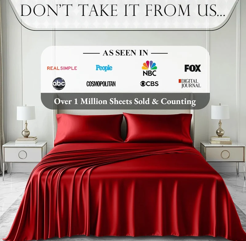 Satin Bed Sheets - 4 PCS Luxury Silky Queen Size Bedding Set - Softer Than Silk, Wrinkle-Free with 15” Deep Pocket Fitted Sheet - (Red)