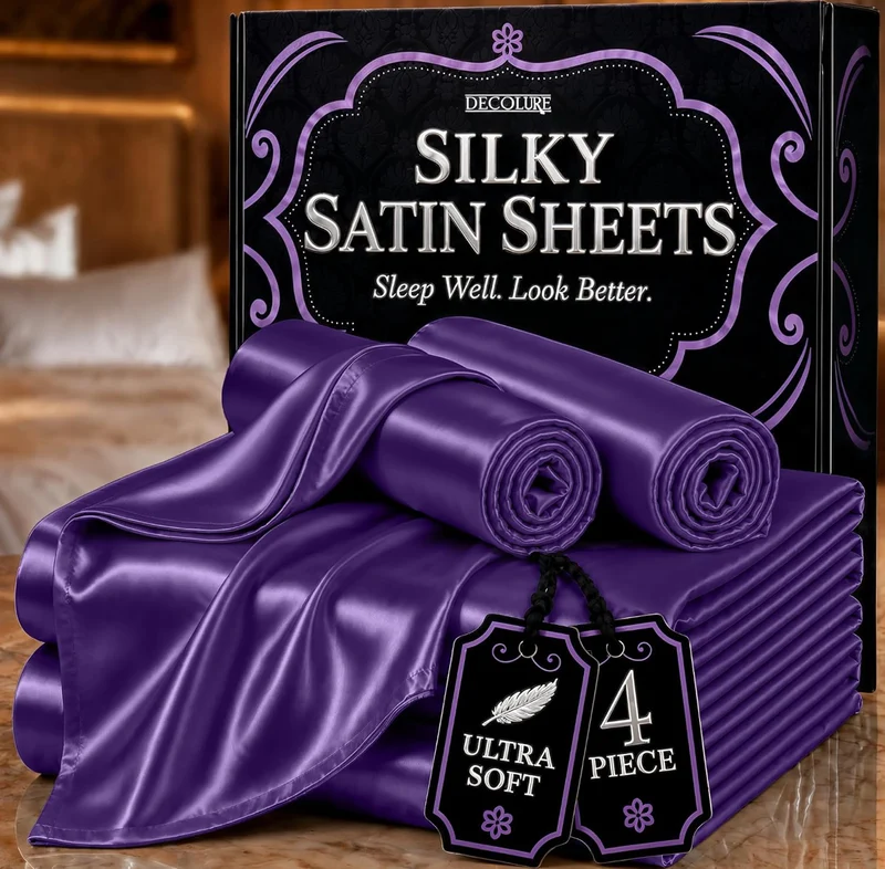 Satin Bed Sheets - 4 PCS Luxury Silky Queen Size Bedding Set - Softer Than Silk, Wrinkle-Free with 15” Deep Pocket Fitted Sheet - (Purple)