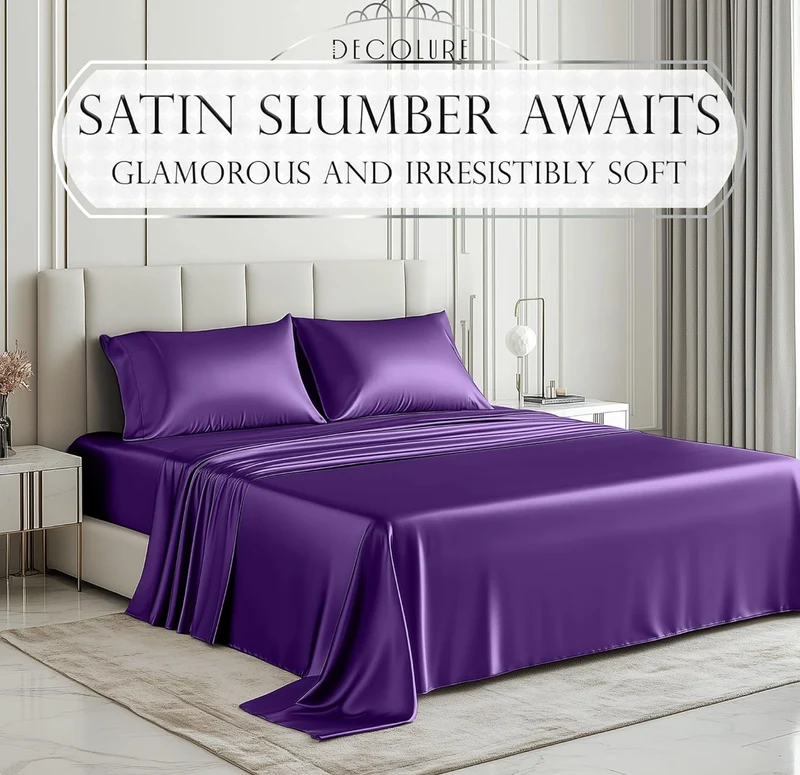 Satin Bed Sheets - 4 PCS Luxury Silky Queen Size Bedding Set - Softer Than Silk, Wrinkle-Free with 15” Deep Pocket Fitted Sheet - (Purple)