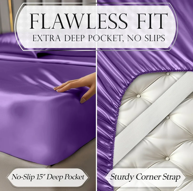 Satin Bed Sheets - 4 PCS Luxury Silky Queen Size Bedding Set - Softer Than Silk, Wrinkle-Free with 15” Deep Pocket Fitted Sheet - (Purple)