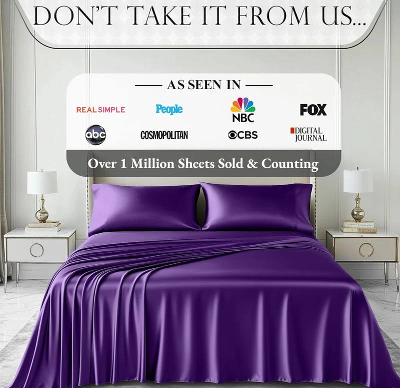 Satin Bed Sheets - 4 PCS Luxury Silky Queen Size Bedding Set - Softer Than Silk, Wrinkle-Free with 15” Deep Pocket Fitted Sheet - (Purple)