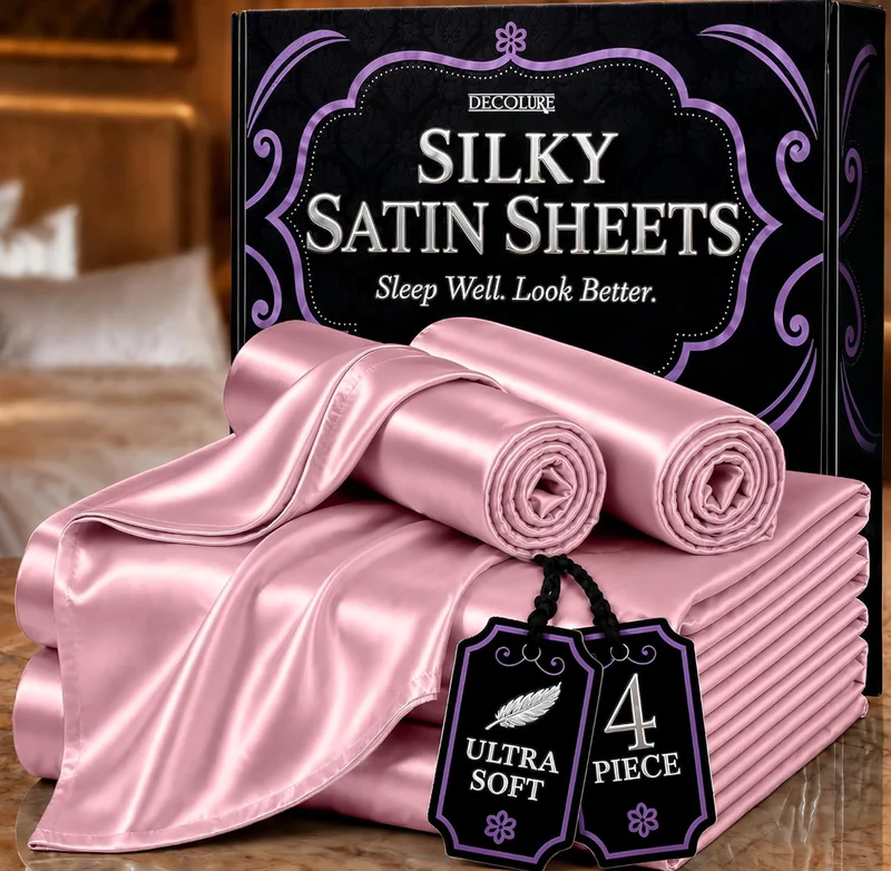 Satin Bed Sheets - 4 PCS Luxury Silky Queen Size Bedding Set - Softer Than Silk, Wrinkle-Free with 15” Deep Pocket Fitted Sheet - (Pink)