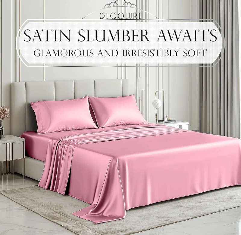 Satin Bed Sheets - 4 PCS Luxury Silky Queen Size Bedding Set - Softer Than Silk, Wrinkle-Free with 15” Deep Pocket Fitted Sheet - (Pink)