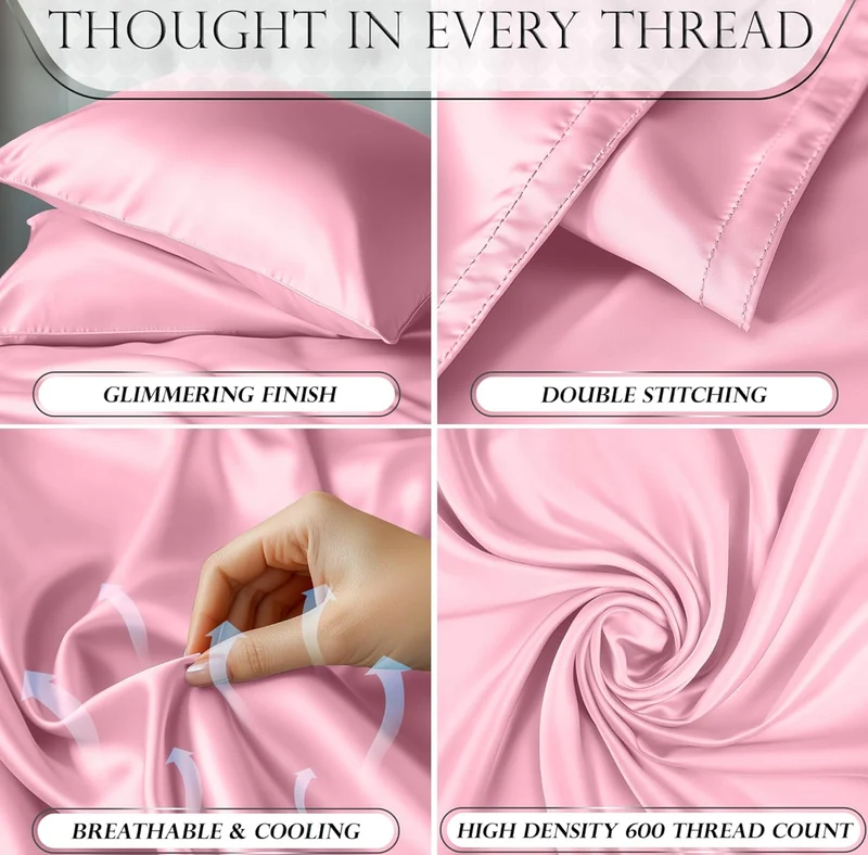 Satin Bed Sheets - 4 PCS Luxury Silky Queen Size Bedding Set - Softer Than Silk, Wrinkle-Free with 15” Deep Pocket Fitted Sheet - (Pink)