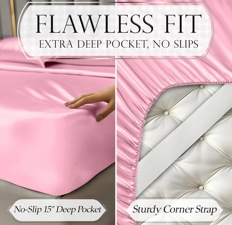 Satin Bed Sheets - 4 PCS Luxury Silky Queen Size Bedding Set - Softer Than Silk, Wrinkle-Free with 15” Deep Pocket Fitted Sheet - (Pink)