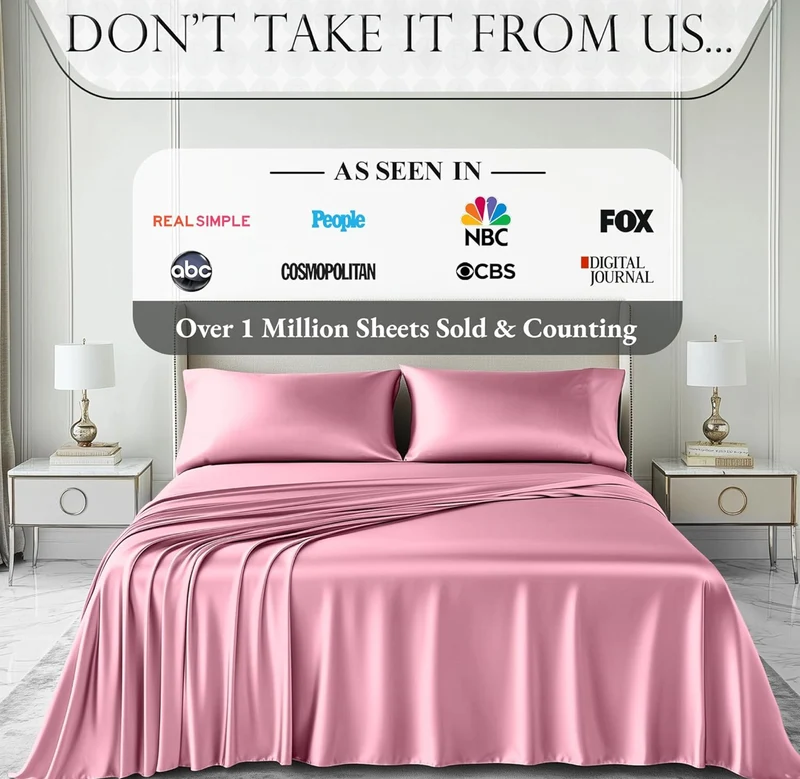 Satin Bed Sheets - 4 PCS Luxury Silky Queen Size Bedding Set - Softer Than Silk, Wrinkle-Free with 15” Deep Pocket Fitted Sheet - (Pink)