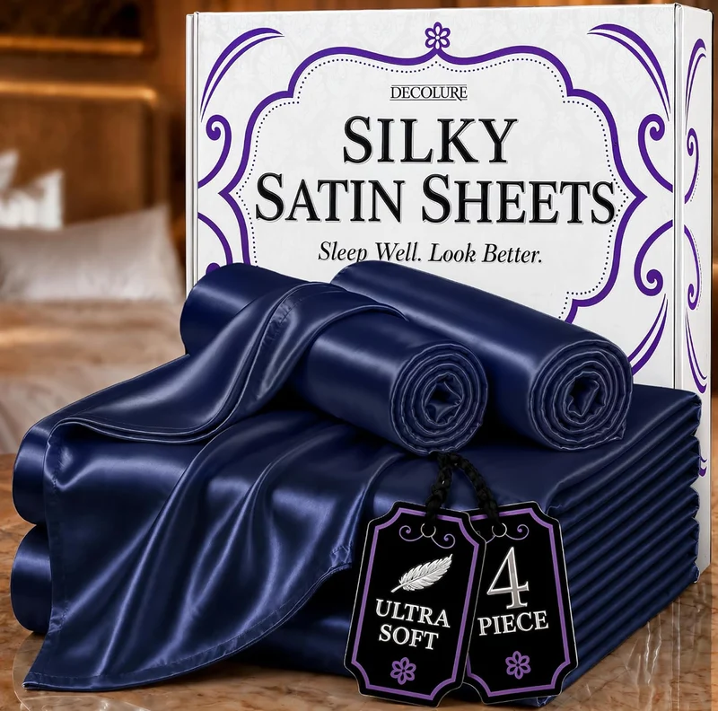 Satin Bed Sheets - 4 PCS Luxury Silky Queen Size Bedding Set - Softer Than Silk, Wrinkle-Free with 15” Deep Pocket Fitted Sheet - (Navy Blue)