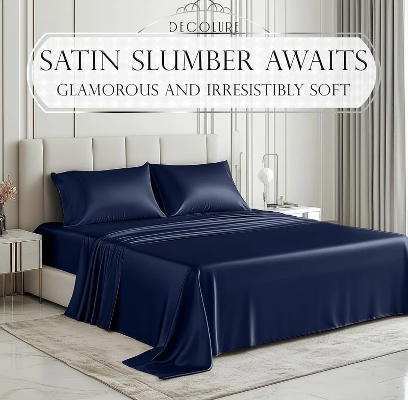 Satin Bed Sheets - 4 PCS Luxury Silky Queen Size Bedding Set - Softer Than Silk, Wrinkle-Free with 15” Deep Pocket Fitted Sheet - (Navy Blue)