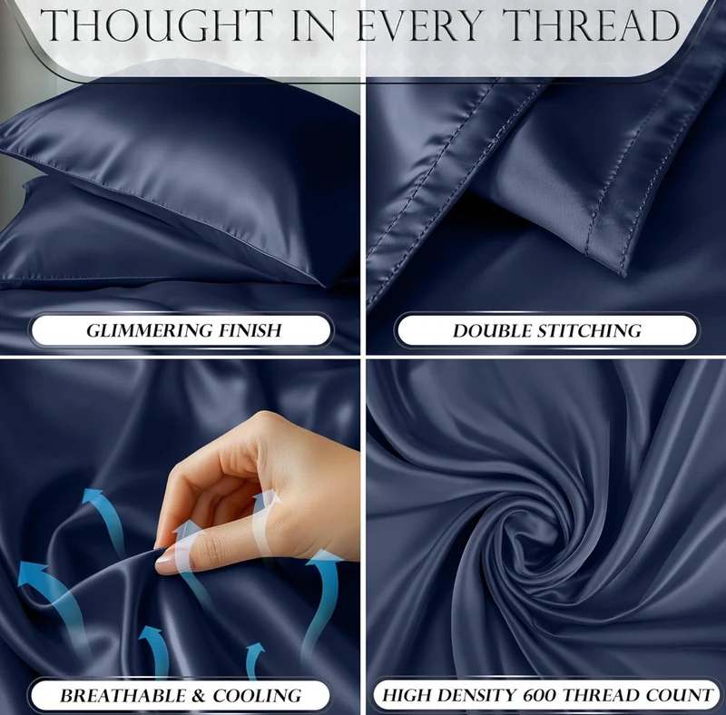 Satin Bed Sheets - 4 PCS Luxury Silky Queen Size Bedding Set - Softer Than Silk, Wrinkle-Free with 15” Deep Pocket Fitted Sheet - (Navy Blue)