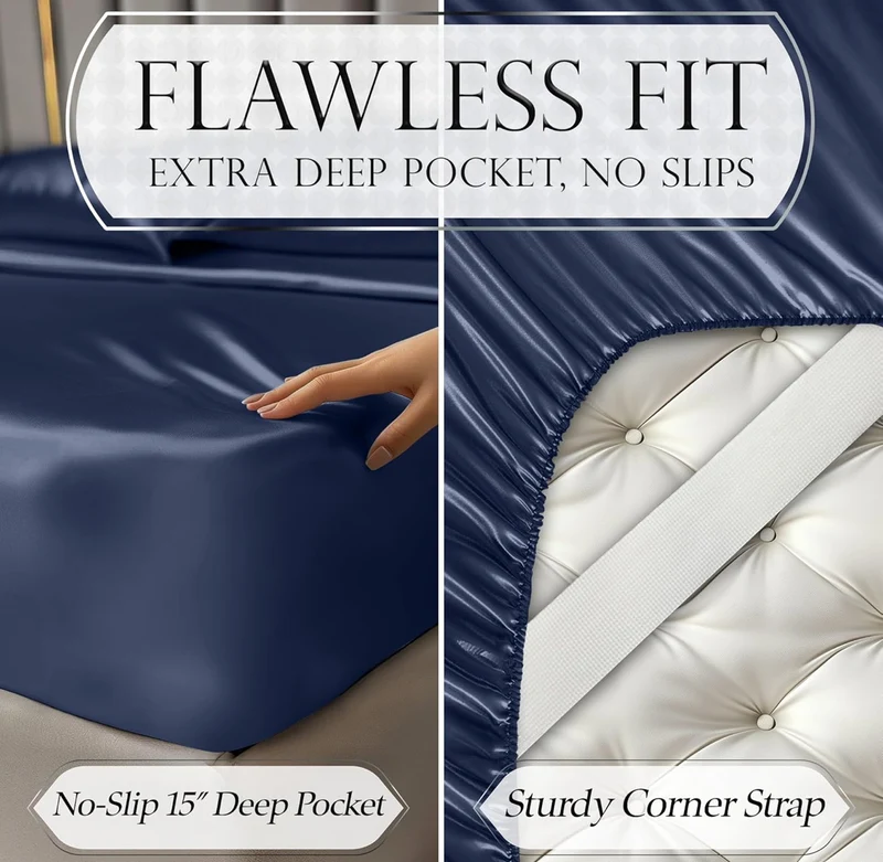 Satin Bed Sheets - 4 PCS Luxury Silky Queen Size Bedding Set - Softer Than Silk, Wrinkle-Free with 15” Deep Pocket Fitted Sheet - (Navy Blue)