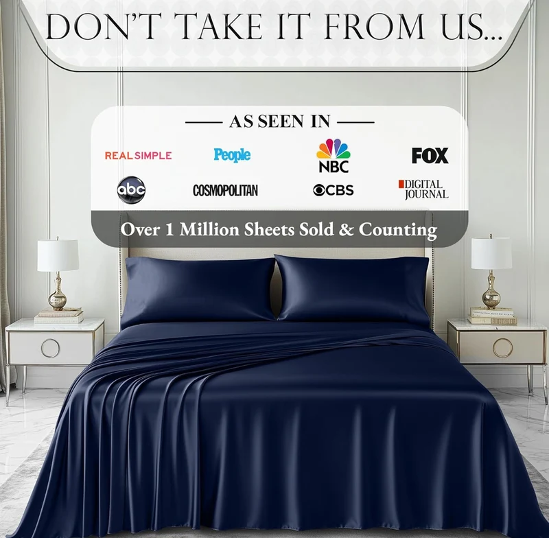 Satin Bed Sheets - 4 PCS Luxury Silky Queen Size Bedding Set - Softer Than Silk, Wrinkle-Free with 15” Deep Pocket Fitted Sheet - (Navy Blue)