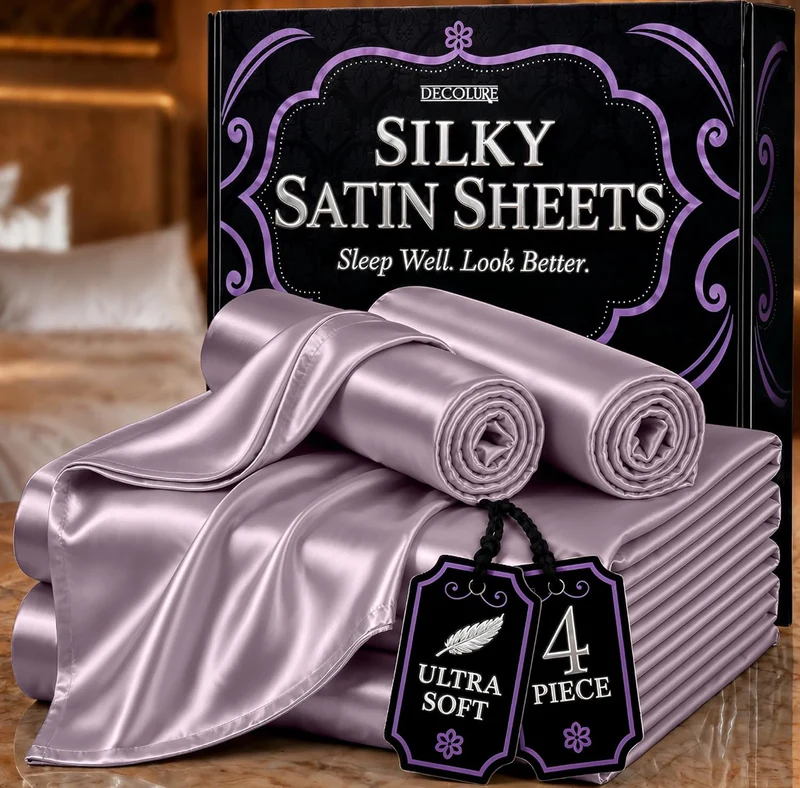 Satin Bed Sheets - 4 PCS Luxury Silky Queen Size Bedding Set - Softer Than Silk, Wrinkle-Free with 15” Deep Pocket Fitted SheeT - (Lavender)