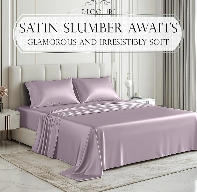 Satin Bed Sheets - 4 PCS Luxury Silky Queen Size Bedding Set - Softer Than Silk, Wrinkle-Free with 15” Deep Pocket Fitted SheeT - (Lavender)