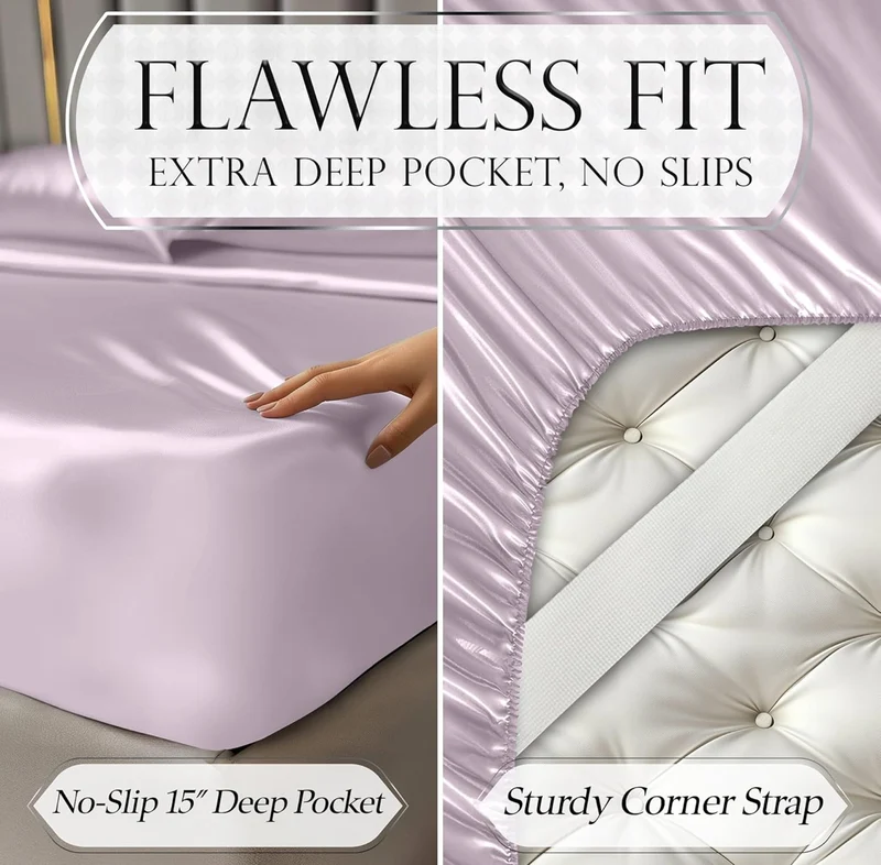 Satin Bed Sheets - 4 PCS Luxury Silky Queen Size Bedding Set - Softer Than Silk, Wrinkle-Free with 15” Deep Pocket Fitted SheeT - (Lavender)