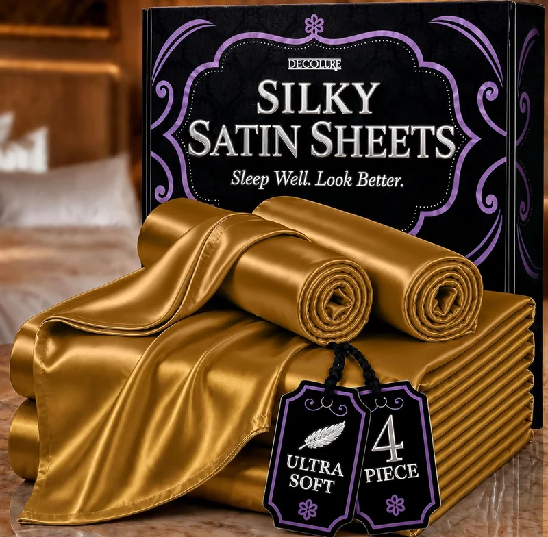 Satin Bed Sheets - 4 PCS Luxury Silky Queen Size Bedding Set - Softer Than Silk, Wrinkle-Free with 15” Deep Pocket Fitted Sheet - (Gold)