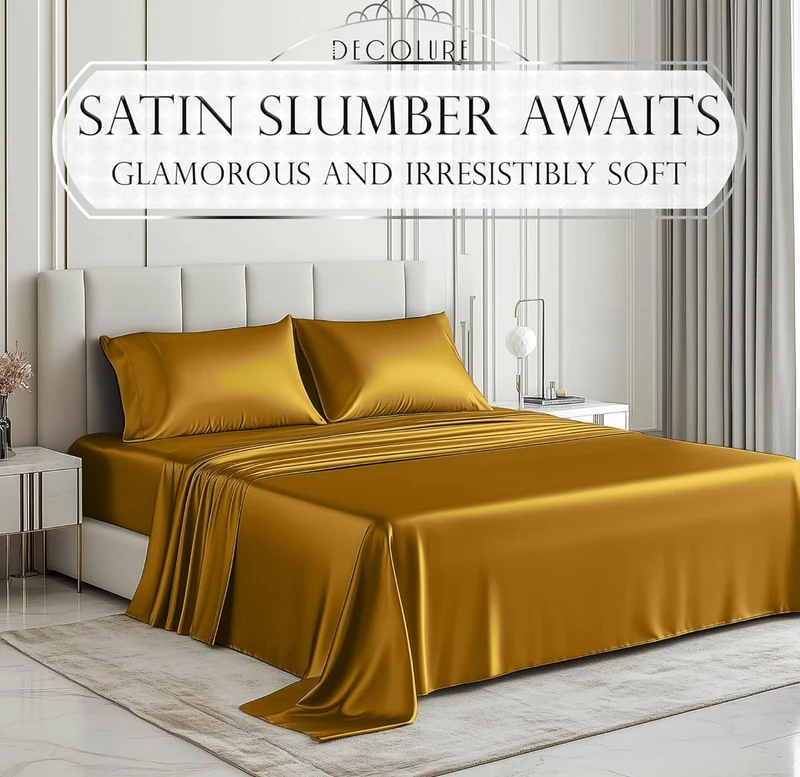 Satin Bed Sheets - 4 PCS Luxury Silky Queen Size Bedding Set - Softer Than Silk, Wrinkle-Free with 15” Deep Pocket Fitted Sheet - (Gold)