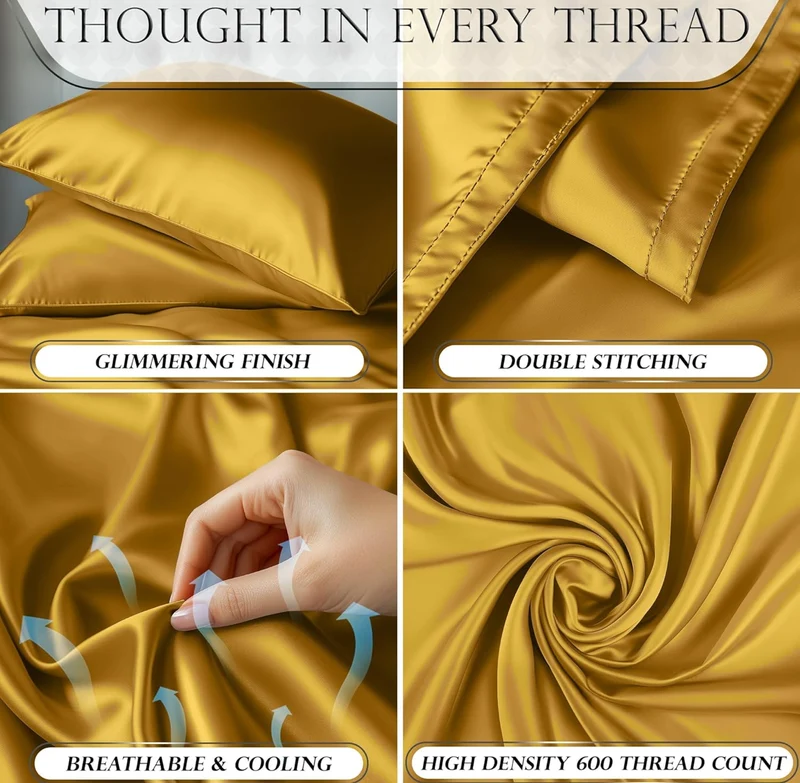 Satin Bed Sheets - 4 PCS Luxury Silky Queen Size Bedding Set - Softer Than Silk, Wrinkle-Free with 15” Deep Pocket Fitted Sheet - (Gold)