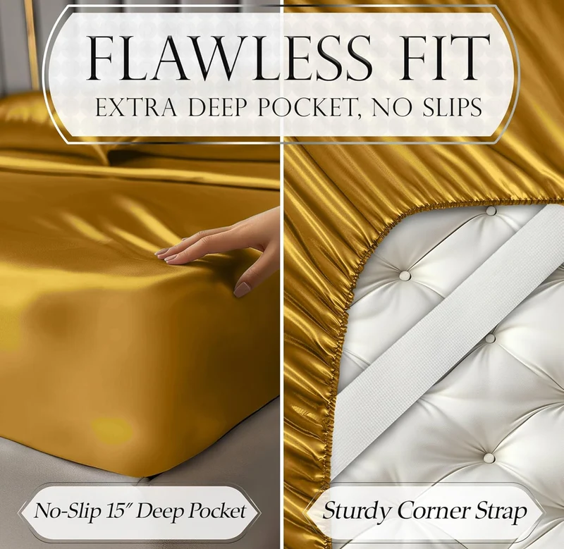 Satin Bed Sheets - 4 PCS Luxury Silky Queen Size Bedding Set - Softer Than Silk, Wrinkle-Free with 15” Deep Pocket Fitted Sheet - (Gold)
