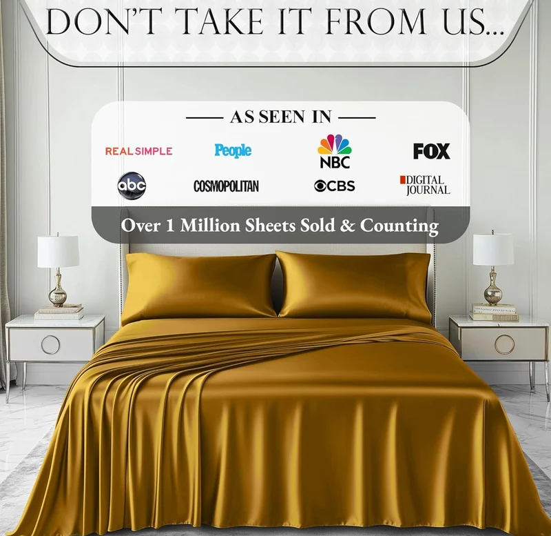 Satin Bed Sheets - 4 PCS Luxury Silky Queen Size Bedding Set - Softer Than Silk, Wrinkle-Free with 15” Deep Pocket Fitted Sheet - (Gold)