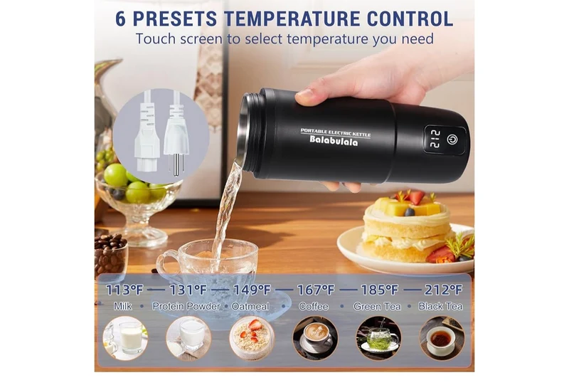 Travel Electric Kettle, Portable Water Boiler w/ 6 Variable Presets,Small w/ Silicone Base Cover 14oz - (Black)