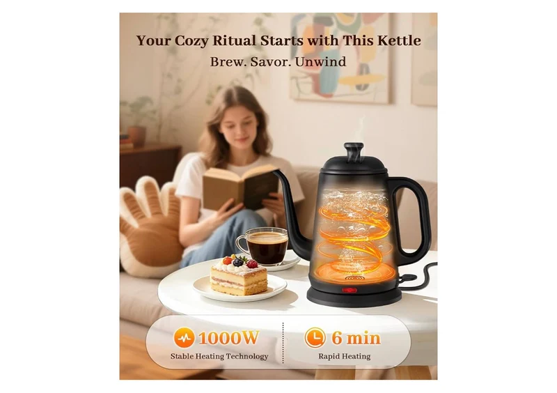 Electric Kettle 1L, 1000W Fast Boiling for Pour-Over Coffee & Tea, Stainless Steel BPA-Free, Precise Flow Spout, Auto Shut-Off & Boil-Dry Protection - (Black)
