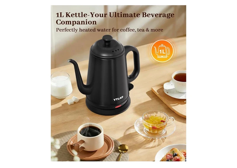 Electric Kettle 1L, 1000W Fast Boiling for Pour-Over Coffee & Tea, Stainless Steel BPA-Free, Precise Flow Spout, Auto Shut-Off & Boil-Dry Protection - (Black)