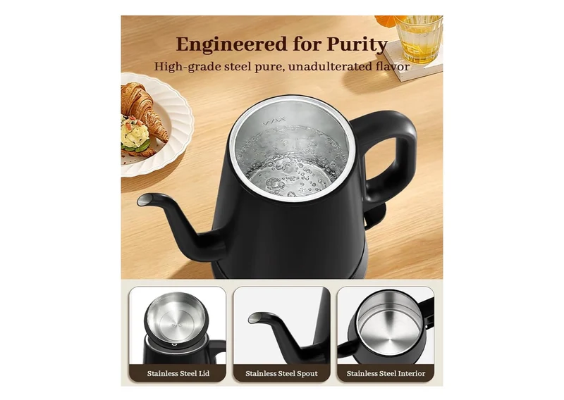 Electric Kettle 1L, 1000W Fast Boiling for Pour-Over Coffee & Tea, Stainless Steel BPA-Free, Precise Flow Spout, Auto Shut-Off & Boil-Dry Protection - (Black)